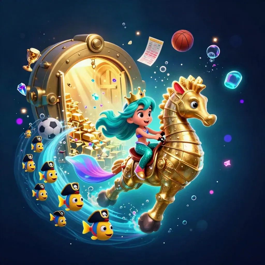 Mermaid princess rides armored seahorse amid gold, gems, and glowing underwater casino magic.