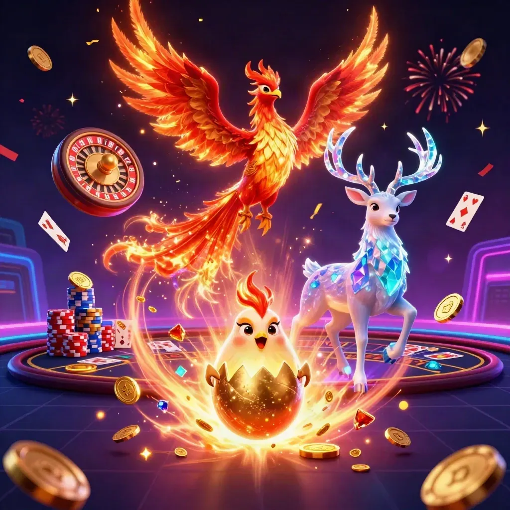 Phoenix, baby phoenix, and crystal stag amid casino coins, cards, and neon light.