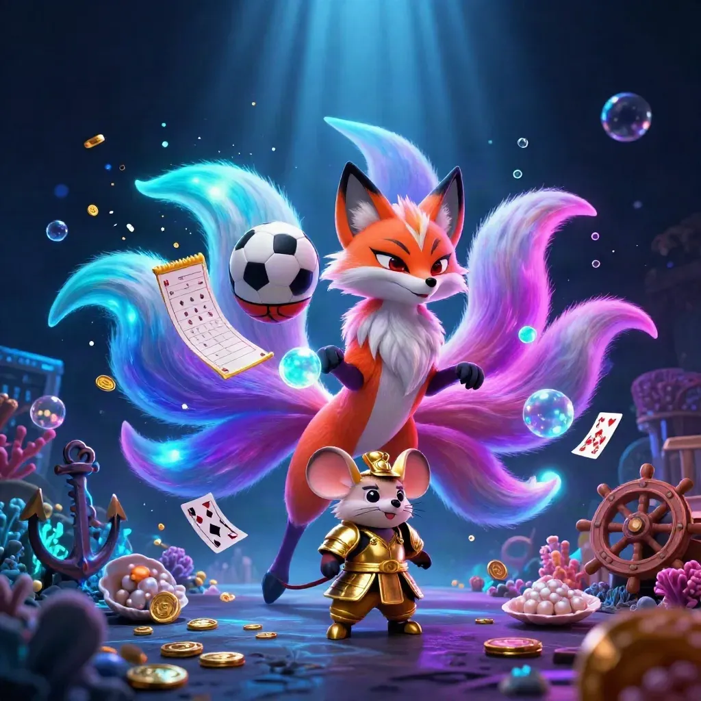 Neon fox spirit and armored mouse amid flying balls, coins, coral, bubbles, and glowing casino loot