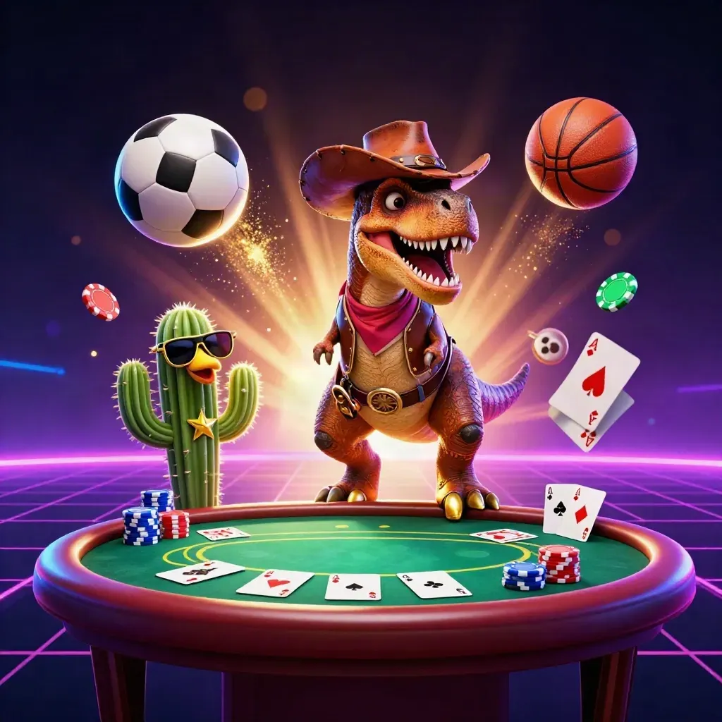 Cowboy T-Rex, cactus and roadrunner amid flying chips, balls and neon casino lights.