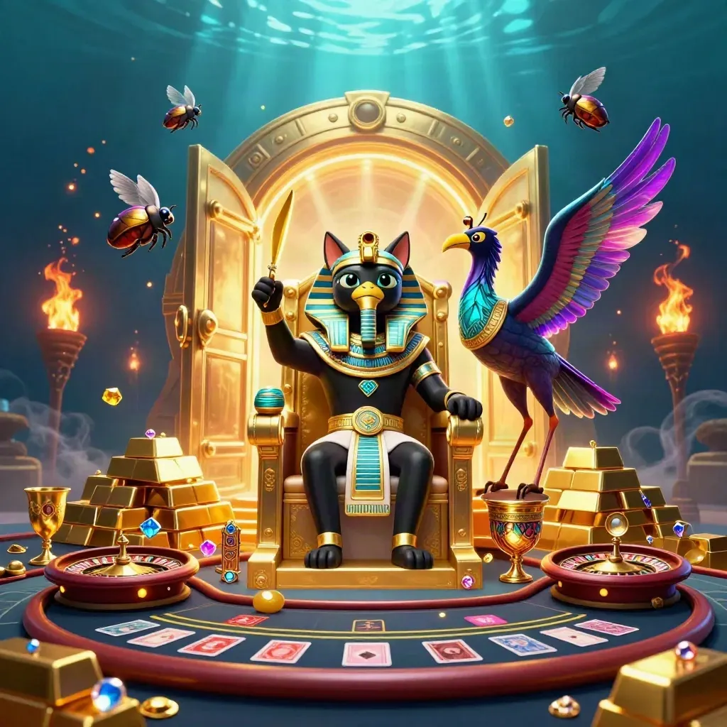 Pharaoh cat, ibis scribe and gem-winged scarabs amid vault gold, neon casino light, underwater glow