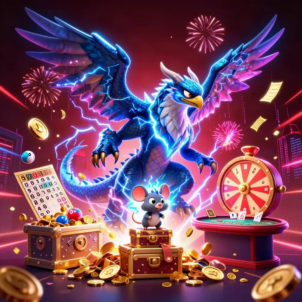 Thunder dragon, wind hawk, and static mouse amid casino treasure, coins, fireworks, and glowing game props.
