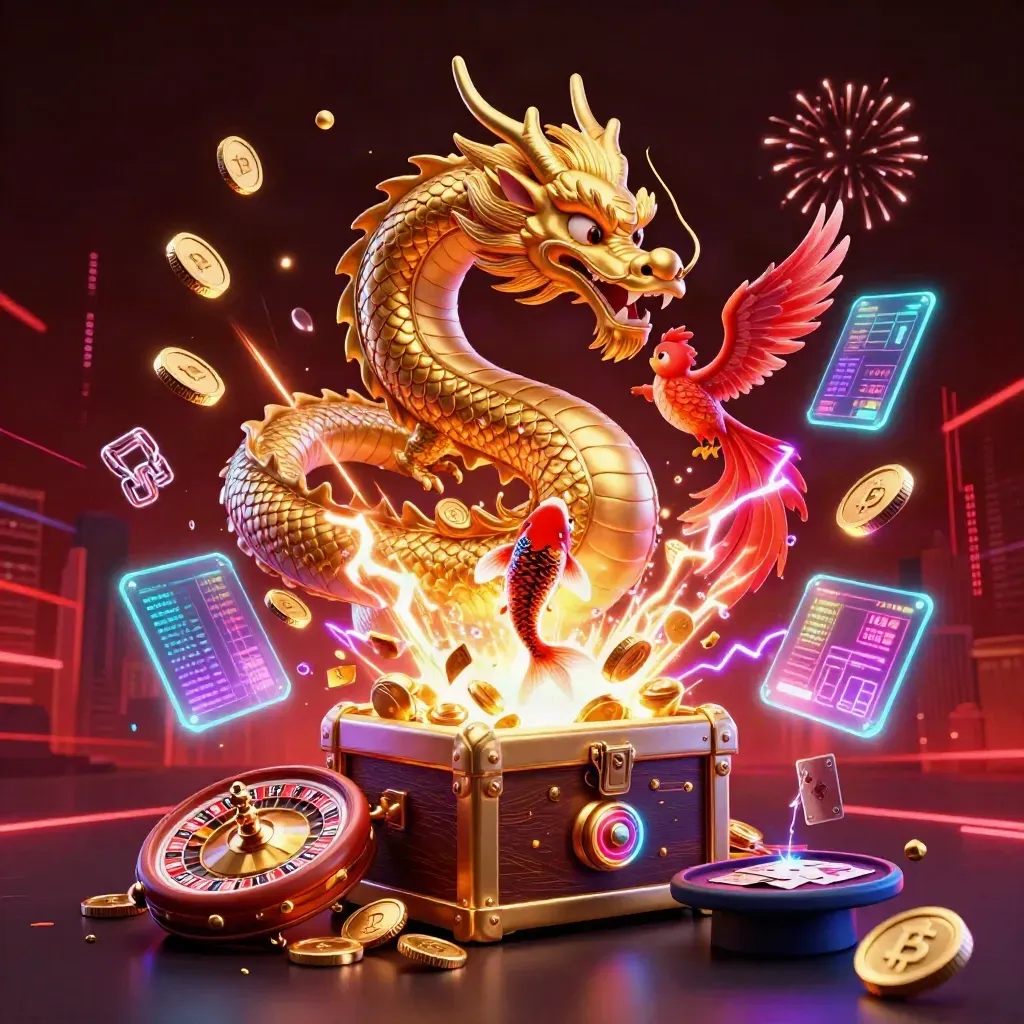 Golden dragon, phoenix, koi, casino coins, neon lightning, roulette, and fireworks in a dark splash scene.
